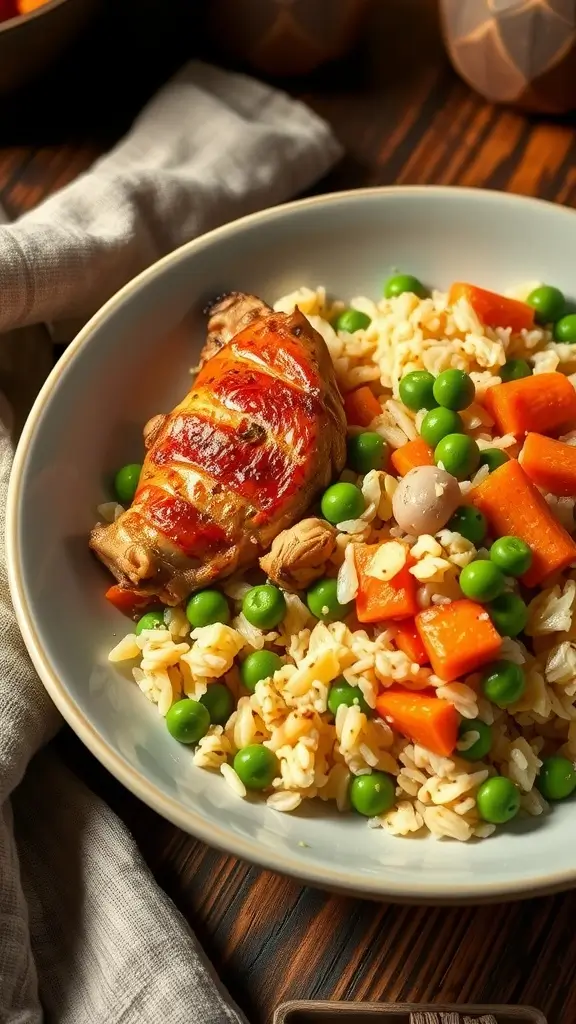A bowl of slow-cooked chicken and rice with peas and carrots, served in a cozy setting.