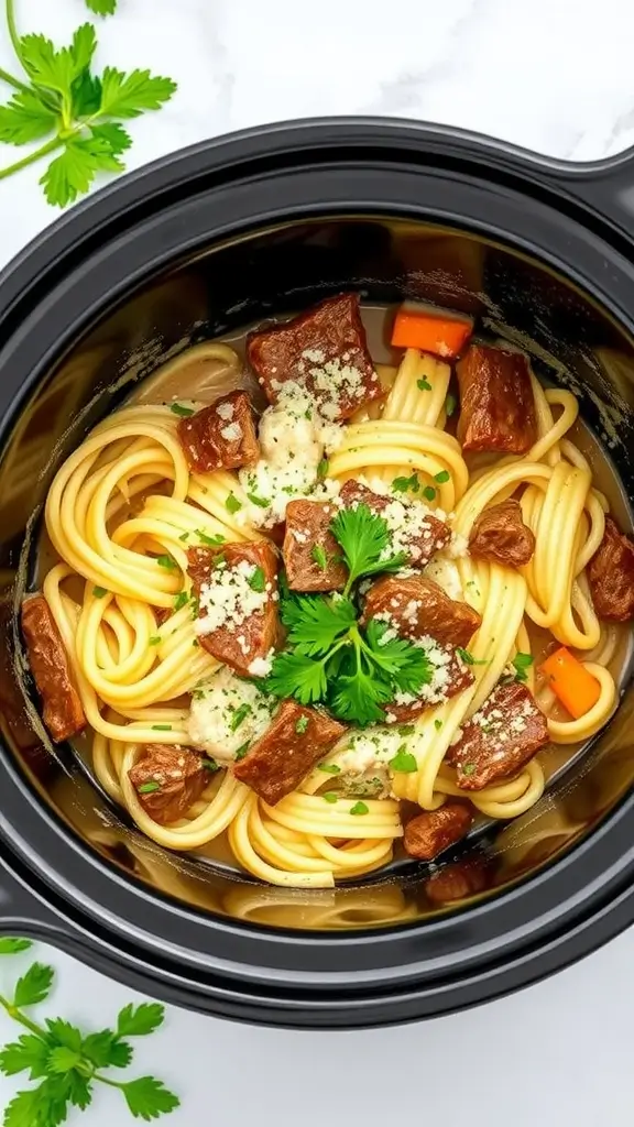 A delicious serving of creamy beef alfredo pasta made in a slow cooker.