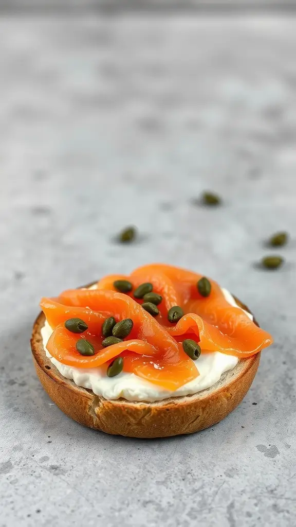 A smoked salmon and cream cheese bagel topped with capers.