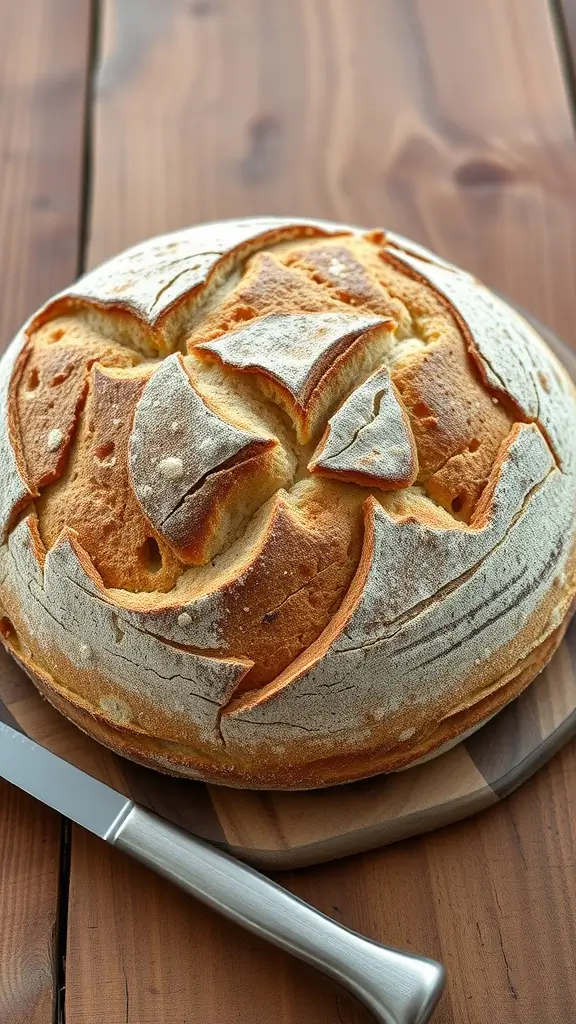 A rustic round loaf of sourdough Bauernbrot, golden brown with a crispy crust.