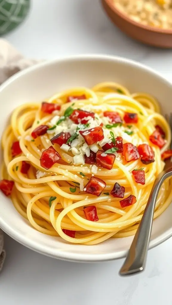 A serving of Spaghetti Squash Carbonara garnished with bacon and parsley.
