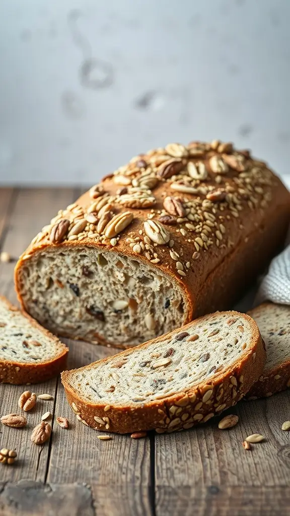 A freshly baked loaf of spelt bread topped with nuts and seeds, sliced and resting on a wooden table.
