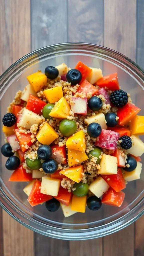 A colorful bowl of spiced quinoa and fruit salad filled with various fruits and topped with nuts.