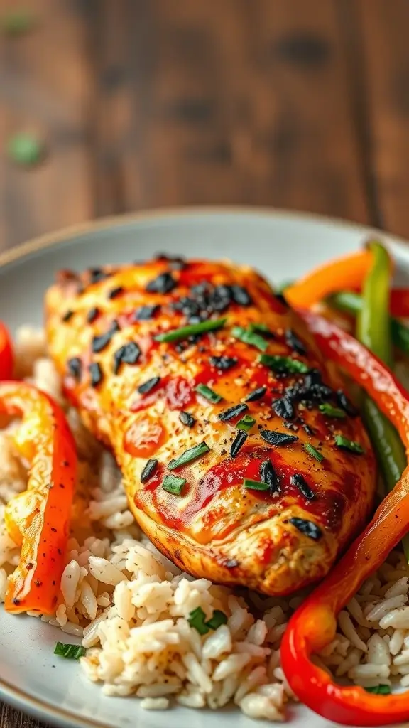 A plate of spicy Cajun chicken served with rice and bell peppers.