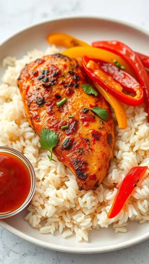 Juicy Spicy Cajun Chicken Breast served with rice and bell peppers.