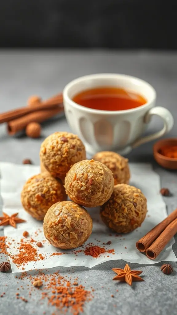 A collection of spicy chai protein balls arranged neatly, with spices and a cup of chai tea nearby.