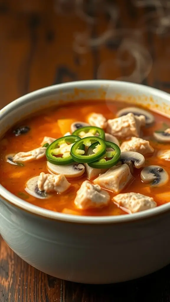 A bowl of spicy chicken and mushroom soup garnished with jalapeño slices