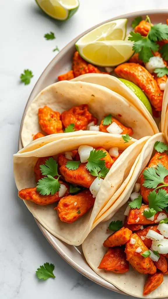 Spicy chicken tacos with fresh lime and cilantro.