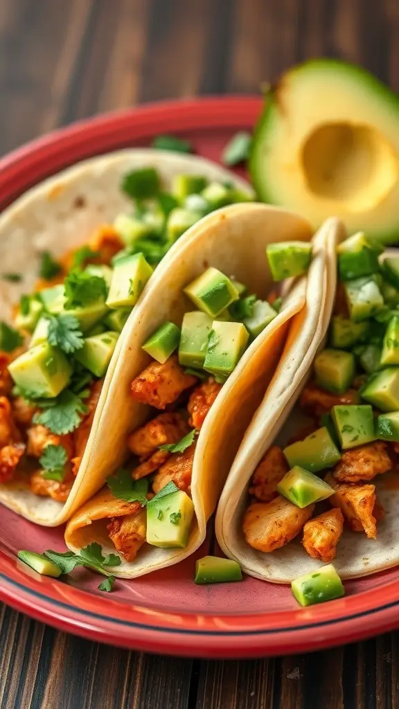 Spicy chicken tacos with avocado salsa served on a plate.