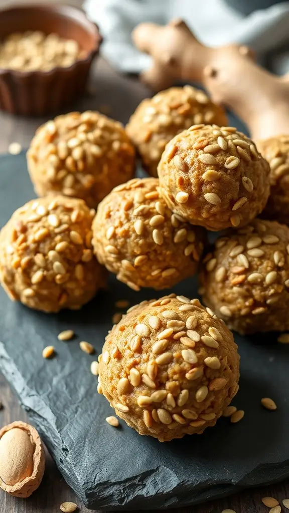 Delicious energy oatmeal balls rolled in sesame seeds, ready to be enjoyed.