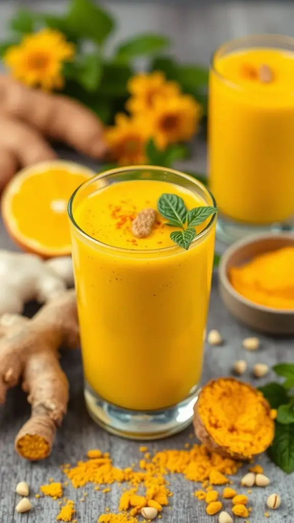 A smoothie glass filled with a golden drink, garnished with a straw, surrounded by ginger and turmeric roots.