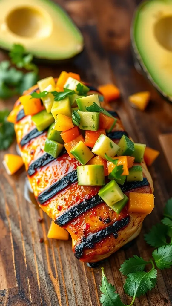 Spicy grilled chicken breast topped with avocado salsa on a wooden table.