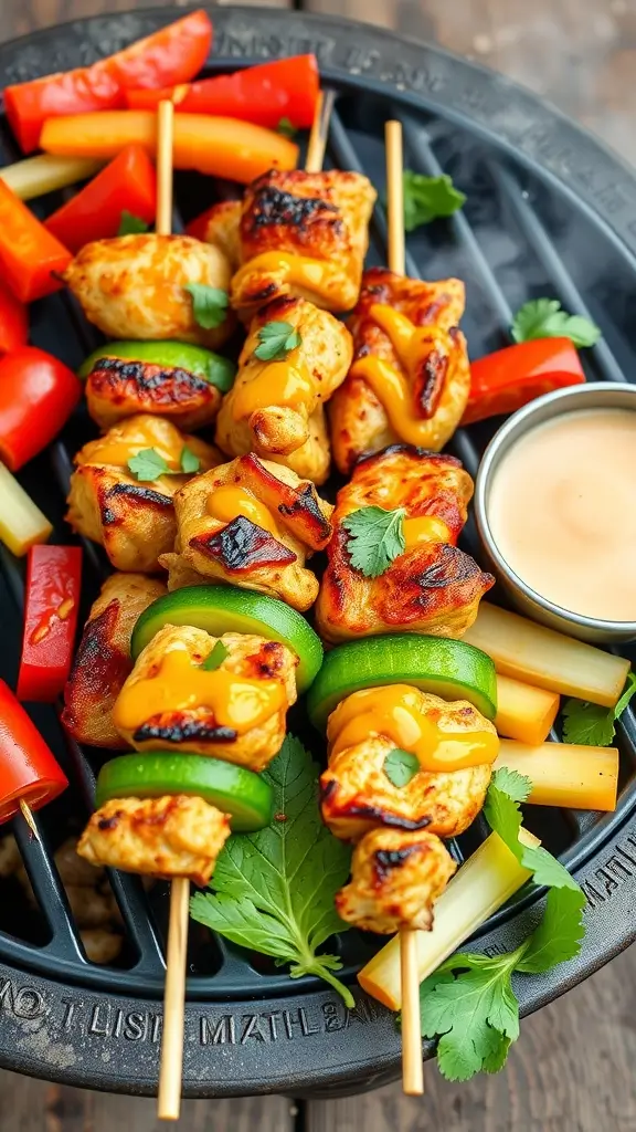 Delicious spicy honey mustard chicken skewers grilled to perfection.