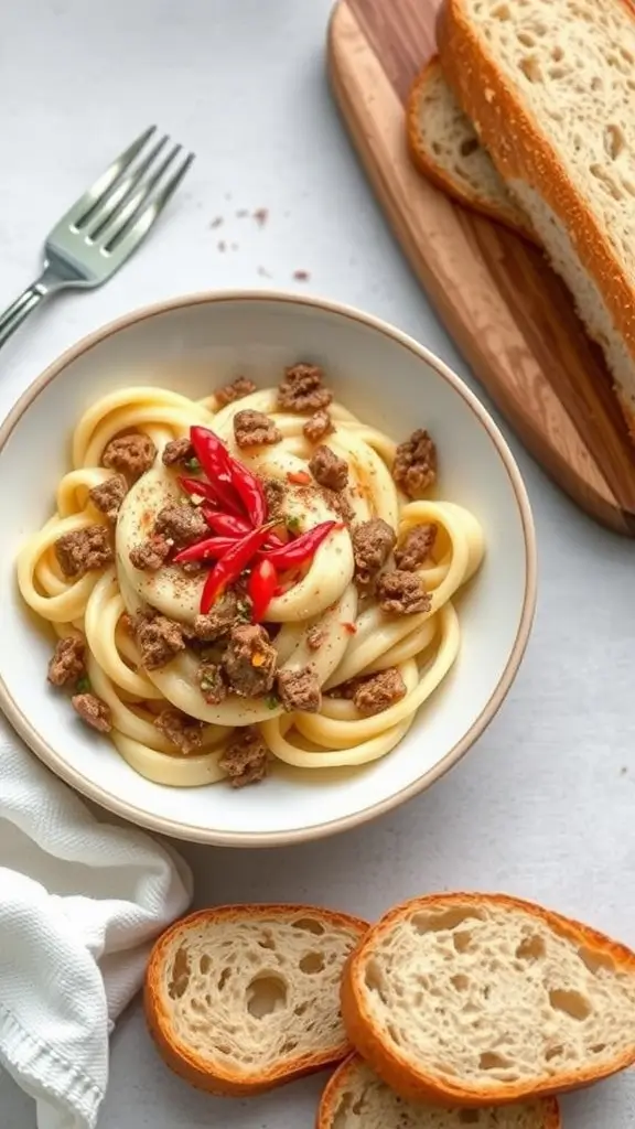 A bowl of creamy pasta with spicy ground beef and red chilies, served with slices of bread.
