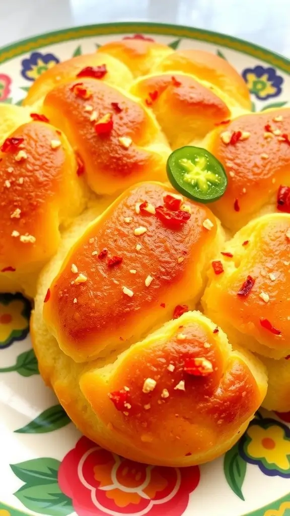 A plate of fluffy Spicy Jalapeno Cloud Bread, garnished with jalapeno slices and red pepper.