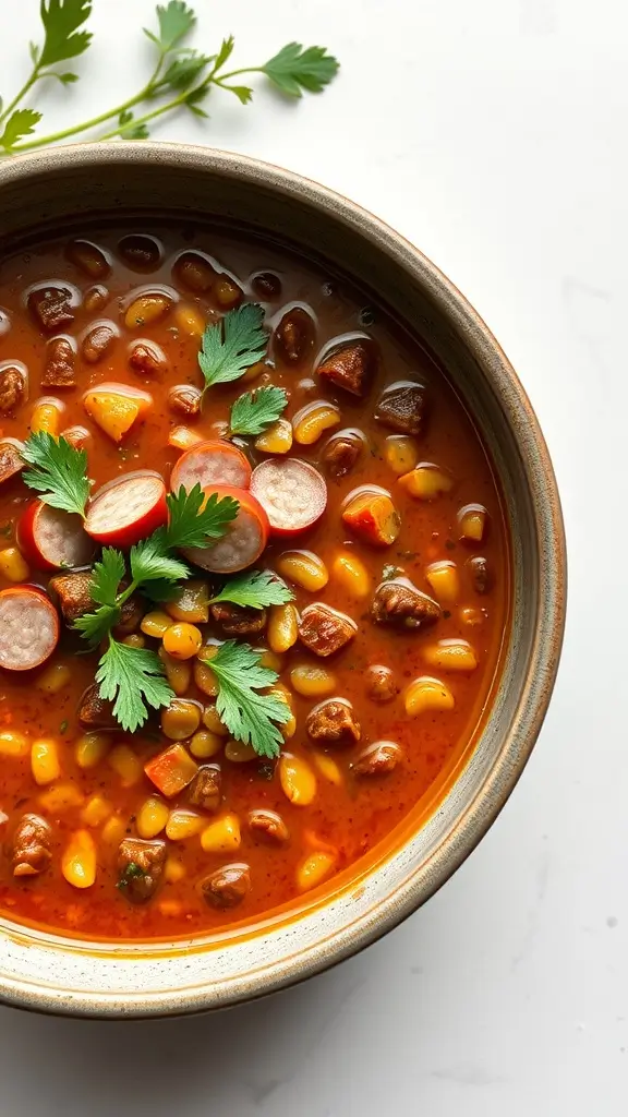 A bowl of spicy lentil and chorizo soup garnished with cilantro