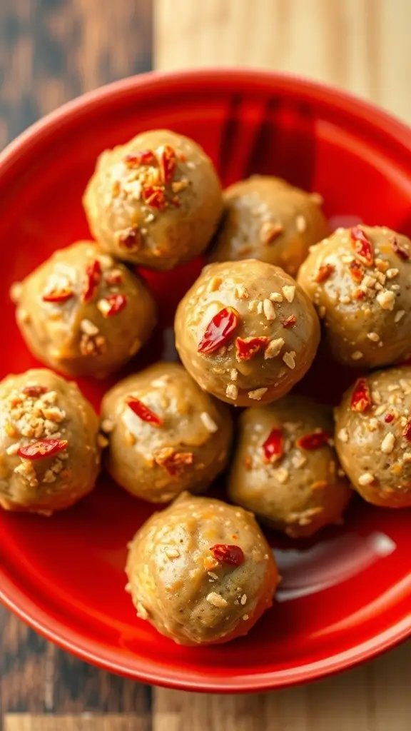 A plate of spicy peanut butter energy bites drizzled with peanut butter and sprinkled with a bit of spice.