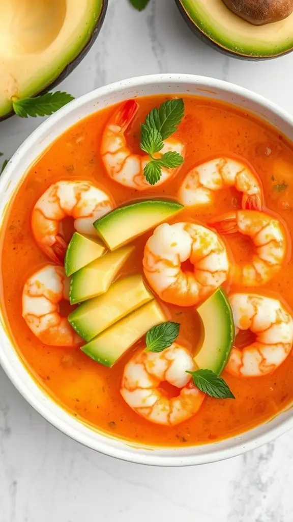 A bowl of spicy shrimp and avocado soup garnished with avocado slices and herbs.
