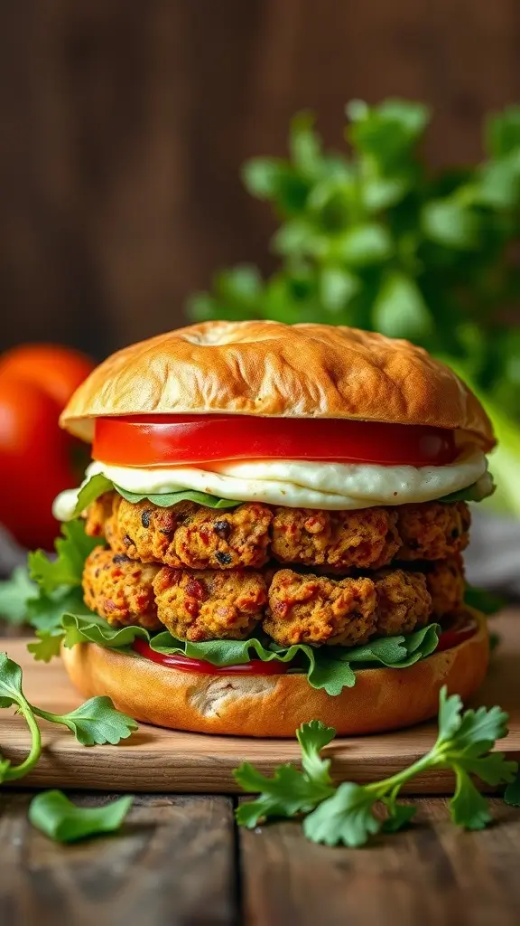 A deliciously assembled spicy tempeh breakfast sandwich with fresh ingredients.