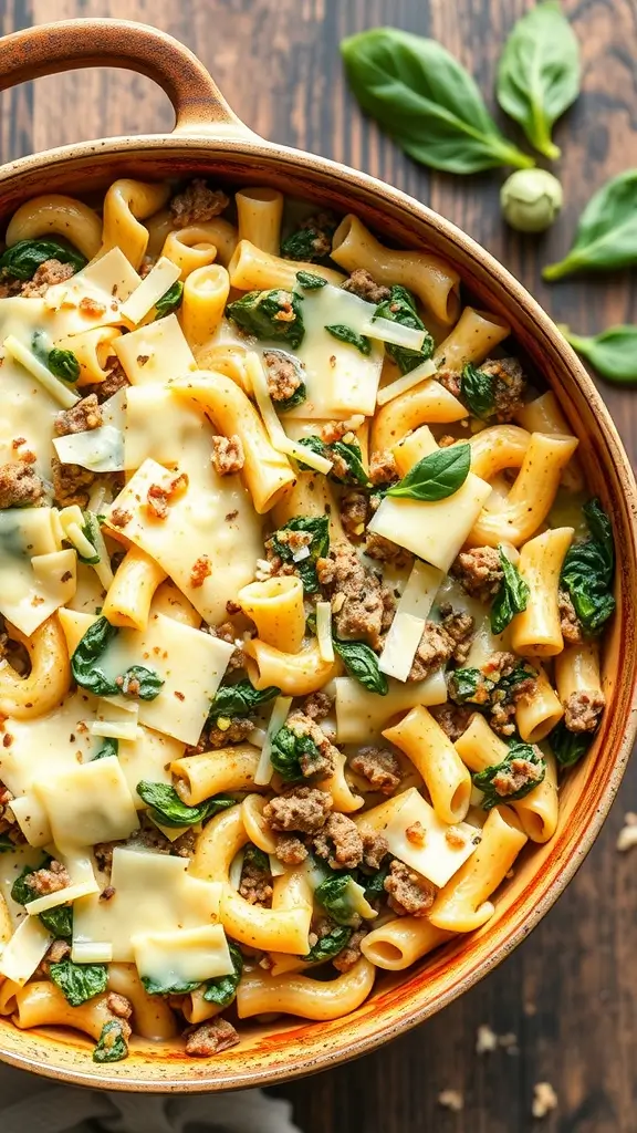 A delicious Spinach and Beef Alfredo Bake featuring pasta, spinach, and layers of melted cheese.
