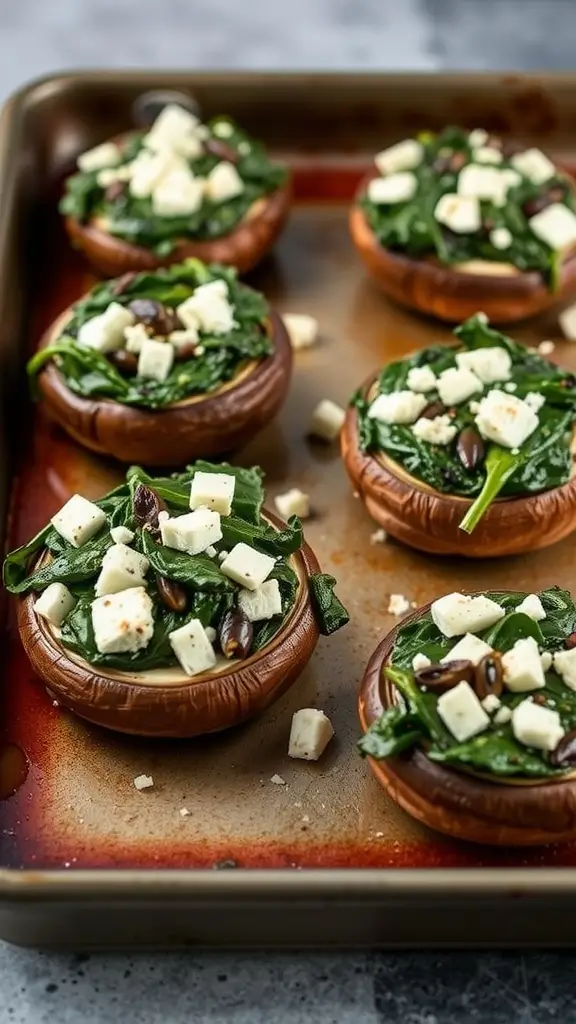 Delicious spinach and feta stuffed portobello mushrooms ready to be served.