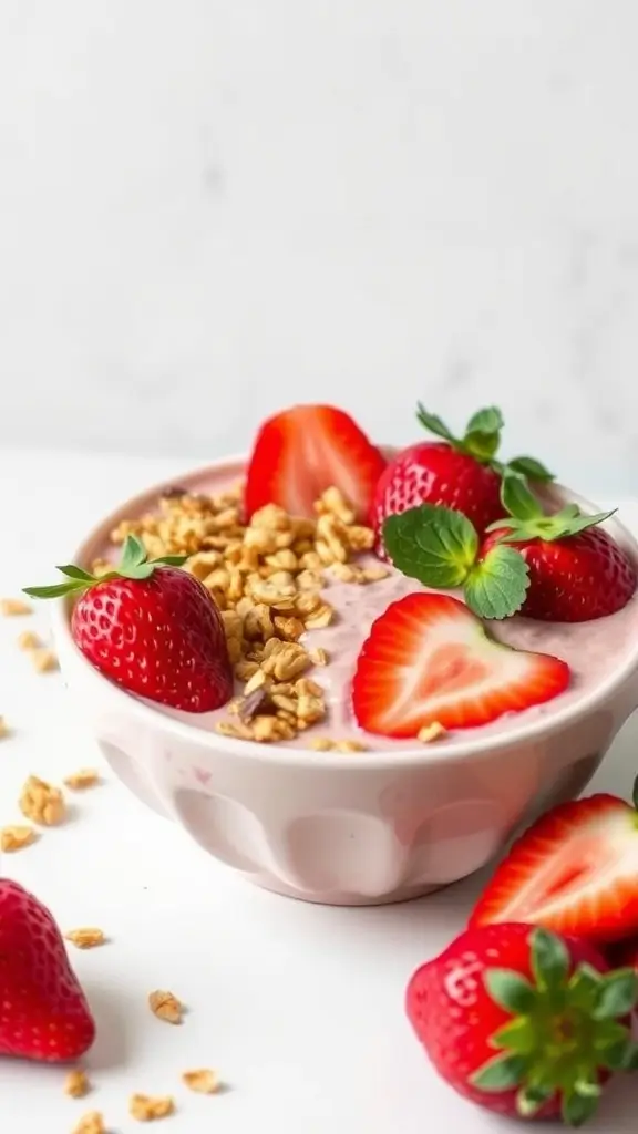 A bowl of strawberry protein smoothie topped with granola and fresh strawberries.