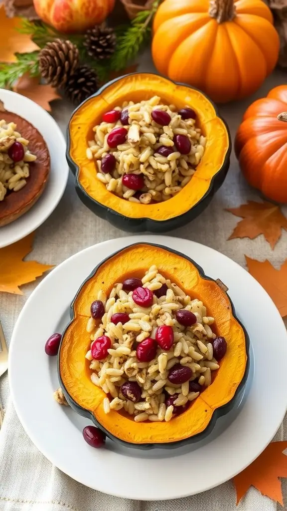 A delicious stuffed acorn squash filled with wild rice, beans, and cranberries, garnished with nuts.