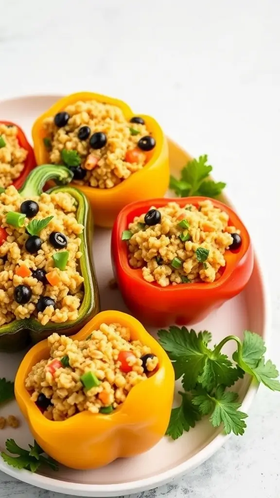 Colorful stuffed bell peppers filled with quinoa, black beans, and vegetables on a plate.