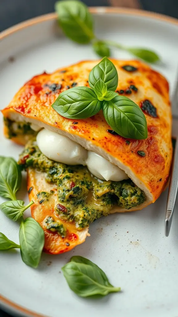 Stuffed pesto chicken breast topped with basil leaves