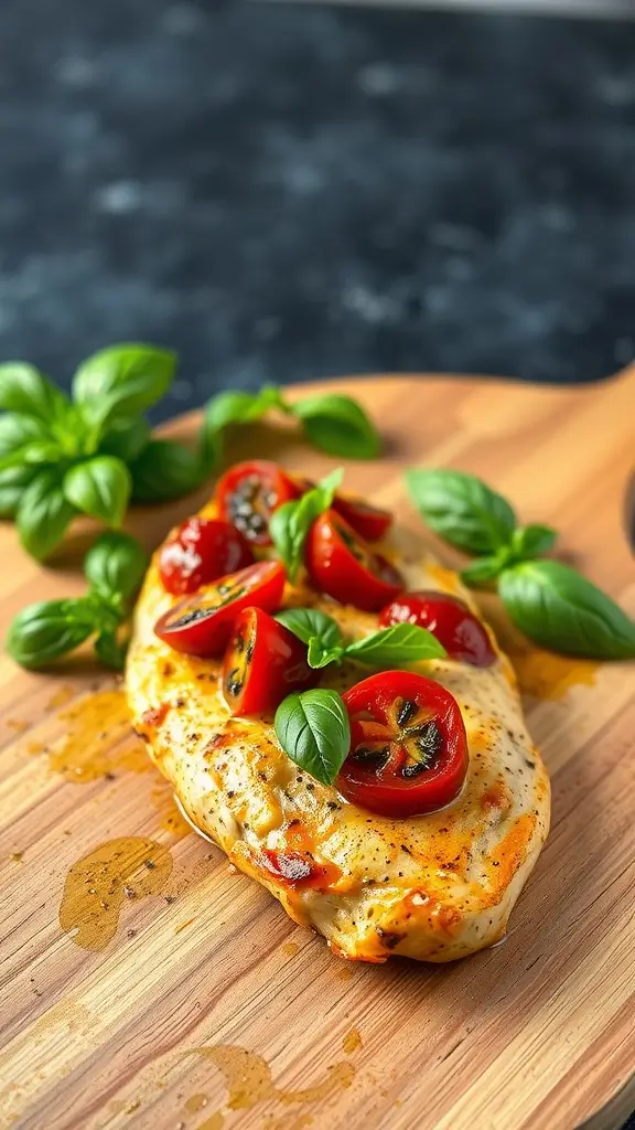 Sundried Tomato and Basil Chicken dish on a wooden board