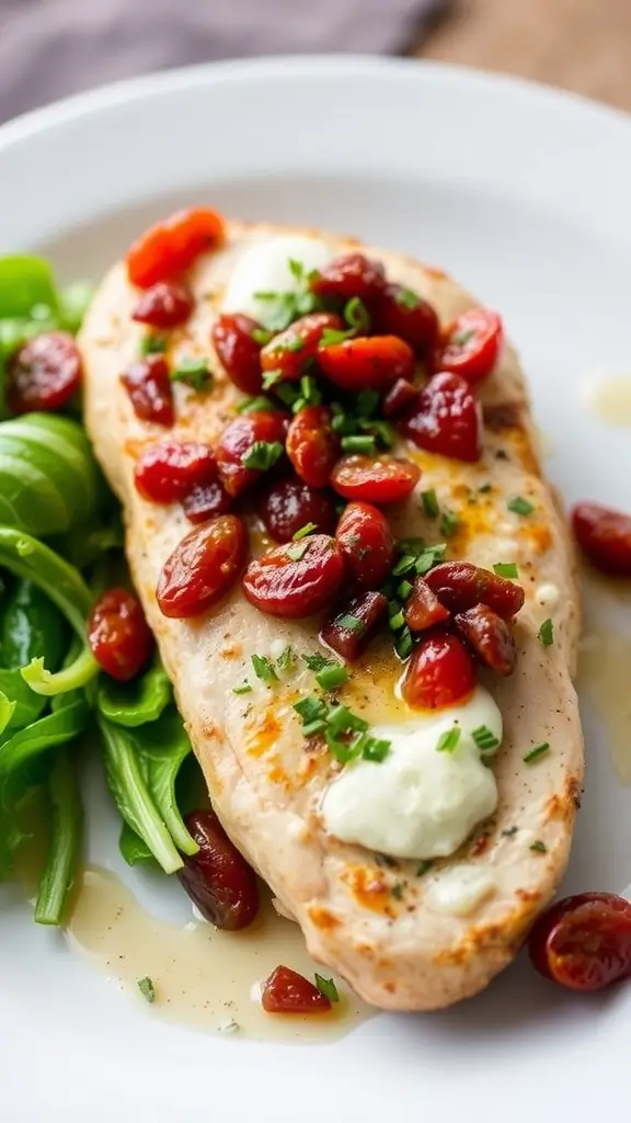 Sundried Tomato and Goat Cheese Stuffed Chicken served with salad