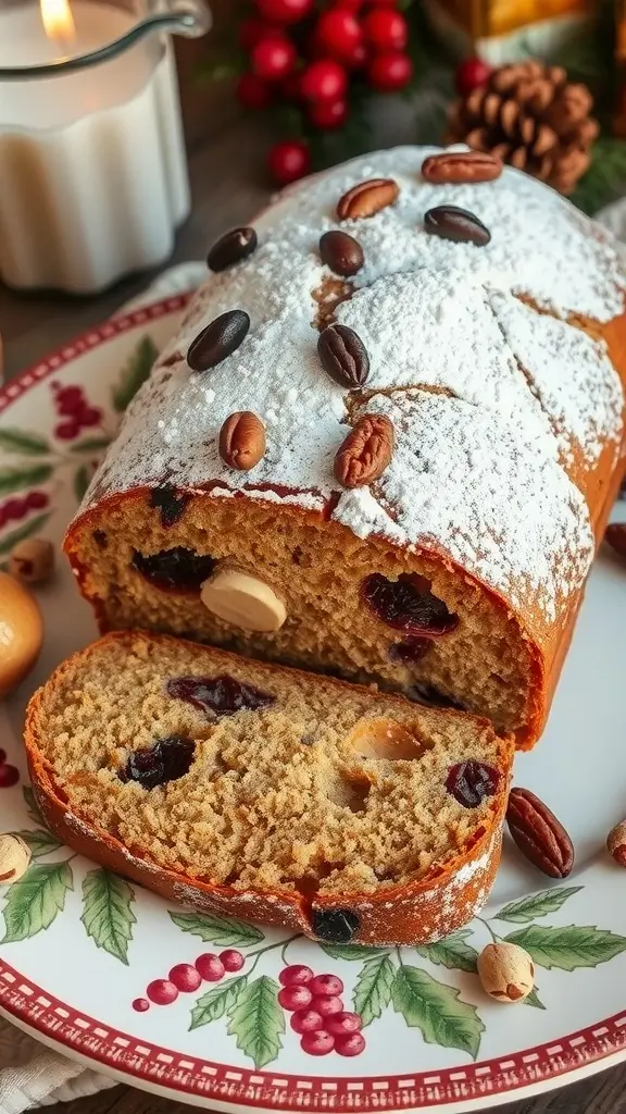 A beautifully presented Sweet German Stollen, dusted with powdered sugar and adorned with festive decorations.