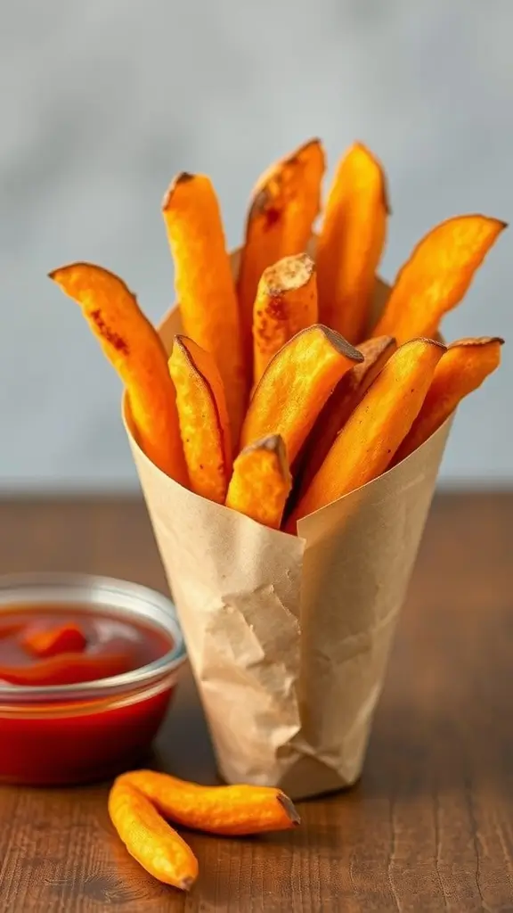 Sweet potato fries served in a paper cone with a side of ketchup.