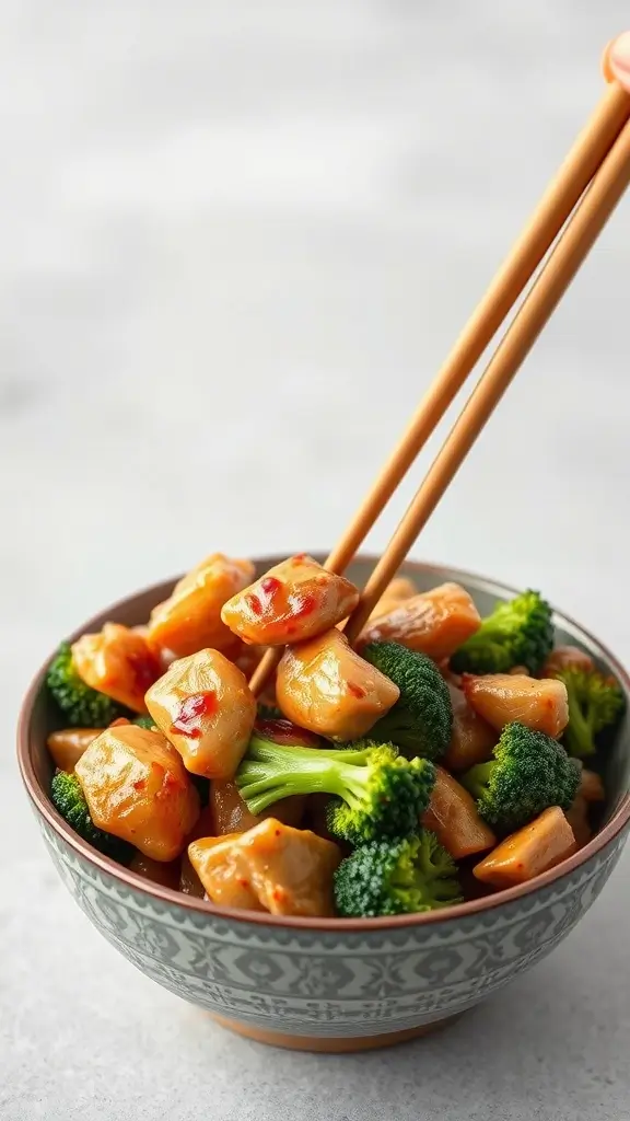 Teriyaki chicken and broccoli in a bowl with chopsticks