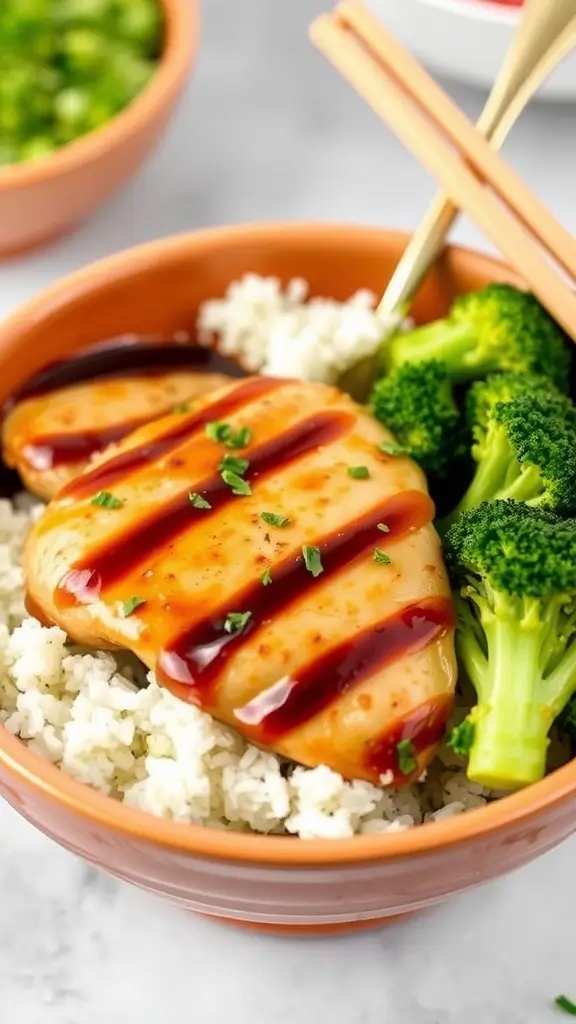 A bowl of teriyaki chicken breast with broccoli served over rice.