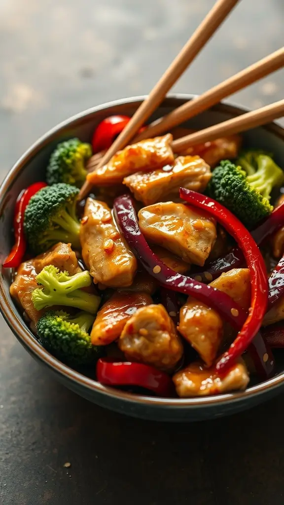 A bowl of Teriyaki Chicken Stir-Fry with colorful vegetables and chopsticks