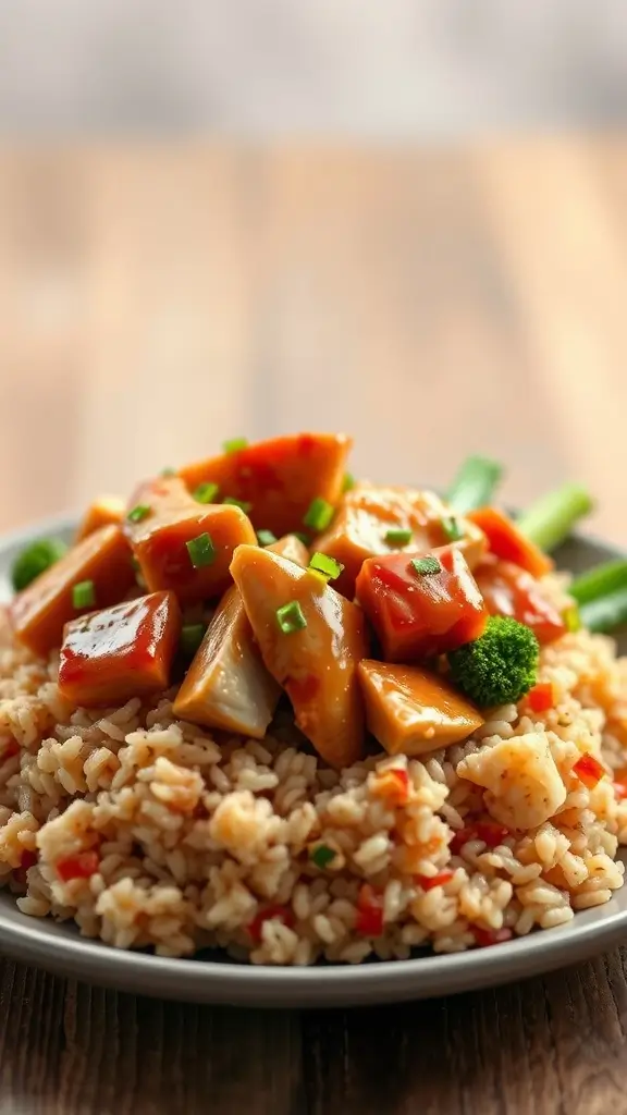 A plate of teriyaki chicken served over brown rice with colorful vegetables.