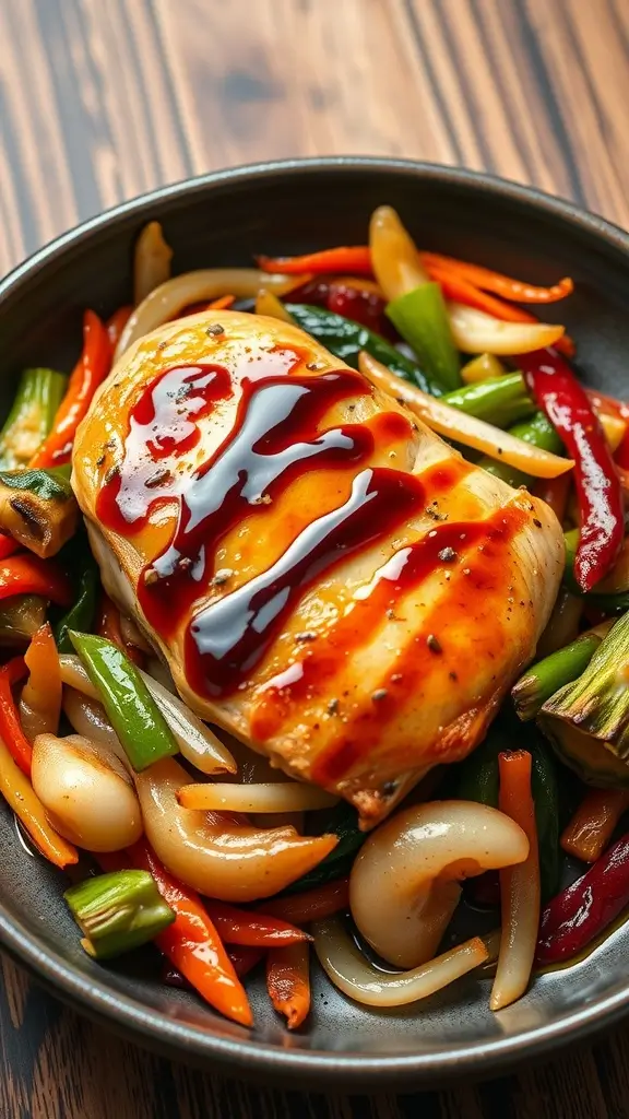 A plate of teriyaki chicken breast served over colorful stir-fried vegetables.