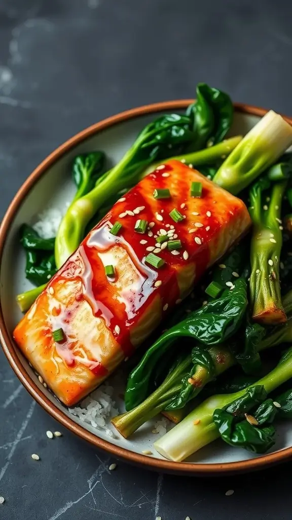 A plate of teriyaki salmon with bok choy garnished with sesame seeds and green onions.