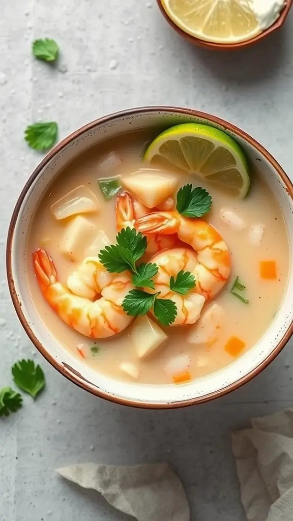 Bowl of Thai Coconut Shrimp Soup with fresh herbs and lime slices