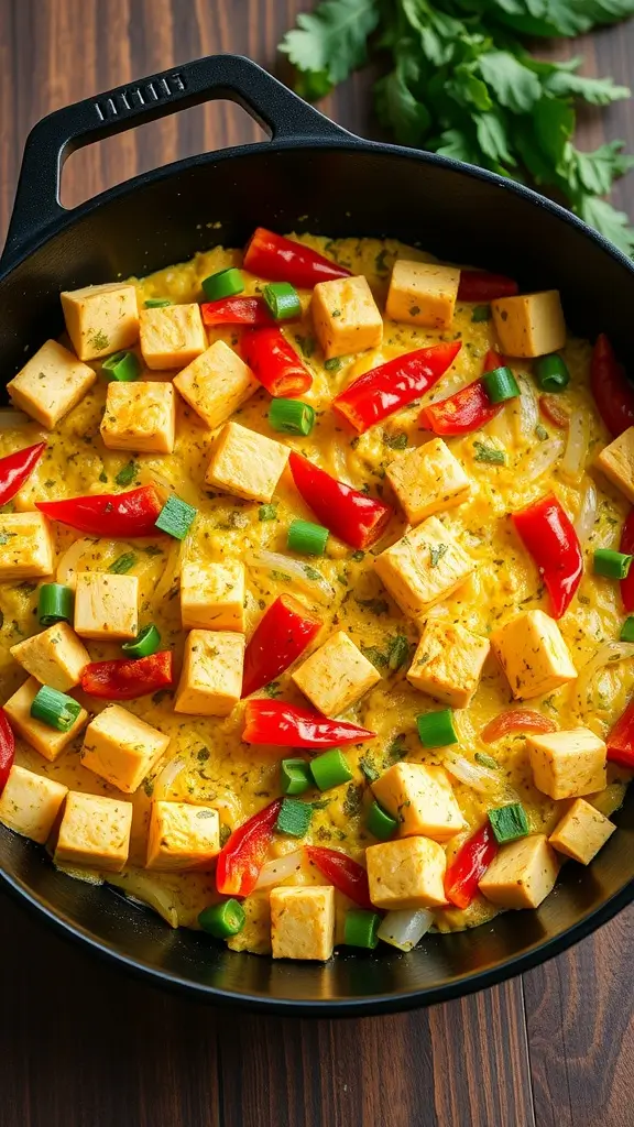 Delicious tofu scramble with vibrant bell peppers and onions in a skillet.