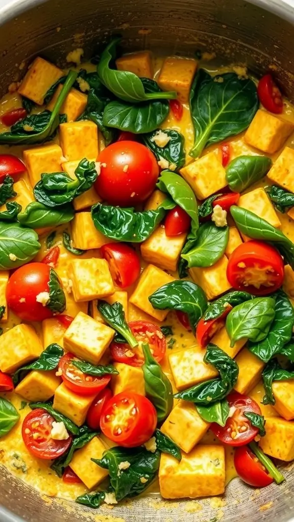 A colorful tofu scramble with spinach and cherry tomatoes.