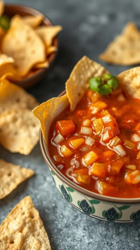 Tortilla chips served with a bowl of salsa and garnished with cilantro