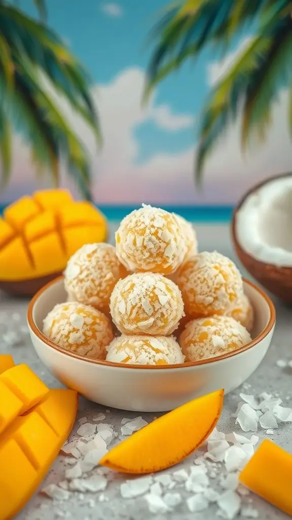 Tropical Mango Coconut Balls in a bowl with mango slices and shredded coconut