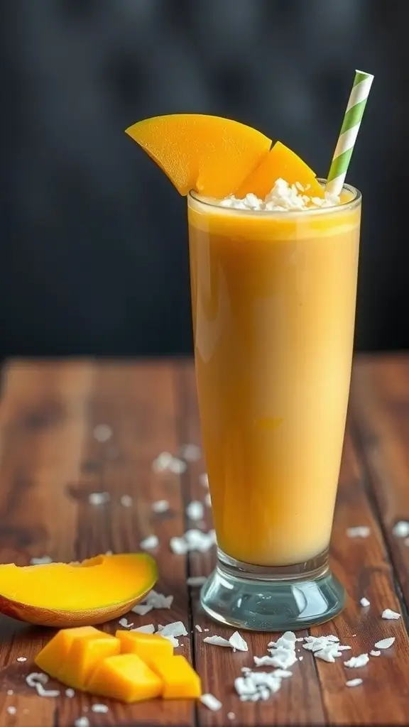 A refreshing tropical mango coconut protein shake served in a tall glass with a slice of mango on top.