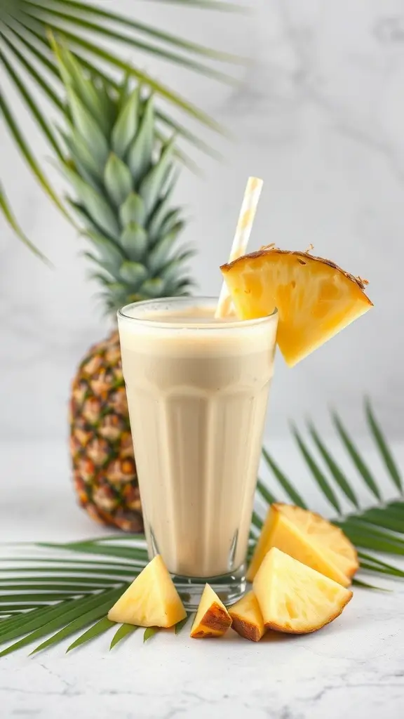 A refreshing Tropical Protein Pineapple Smoothie in a glass with pineapple slices and palm leaves.