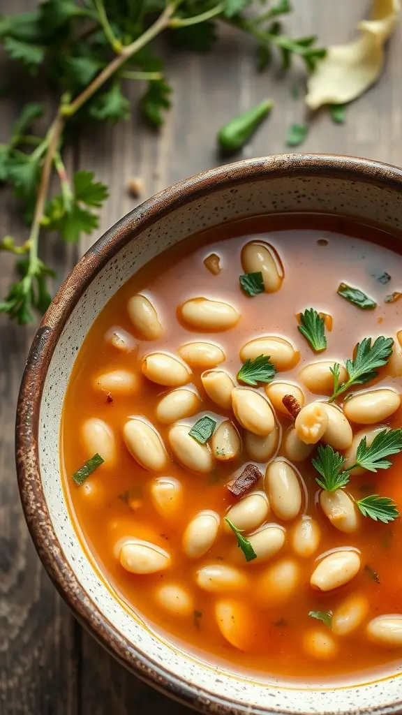 A bowl of cozy Tuscan Cannellini Bean Soup with fresh herbs.
