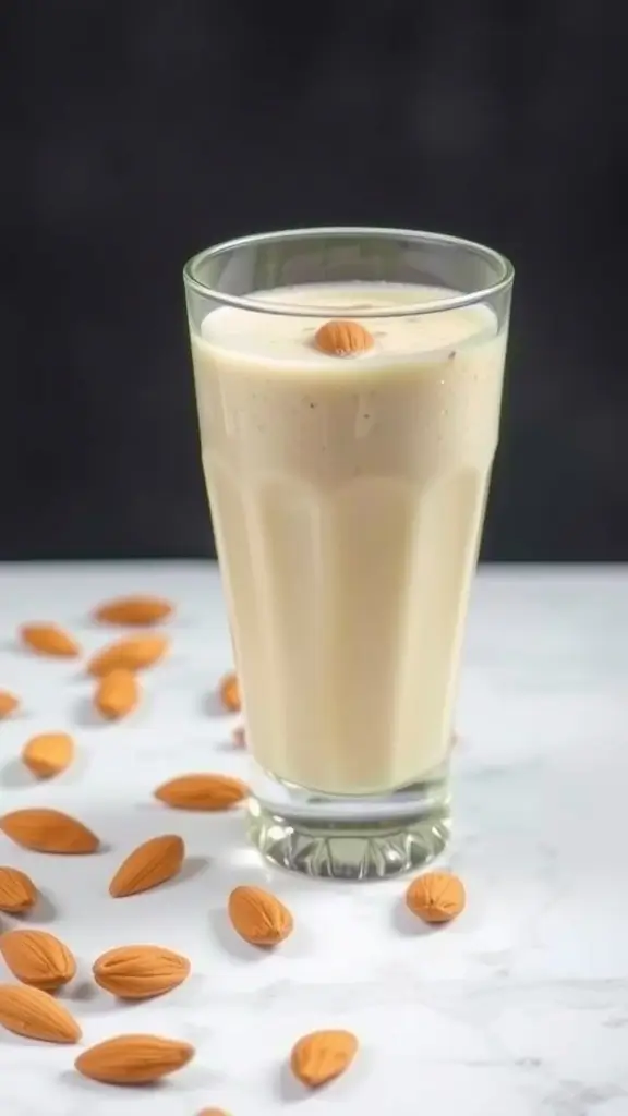 A glass of Vanilla Almond Protein Smoothie with almonds scattered around