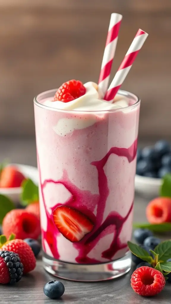 Vanilla Greek Yogurt and Berry Smoothie in a glass with berries around it