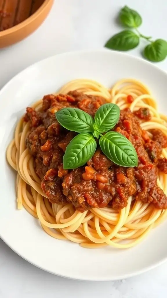 A plate of vegan bolognese served over spaghetti, garnished with fresh basil.